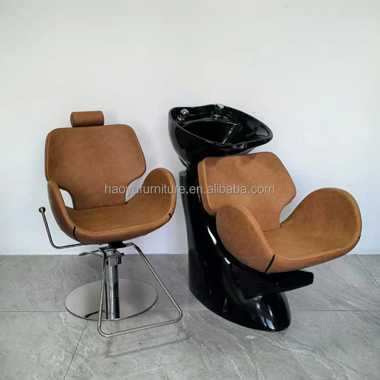 2026 Adjustable Ceramic Hair Wash Bowl Shampoo Station Chair Synthetic Leather Beauty Salon Equipment for Barber Shop Spa