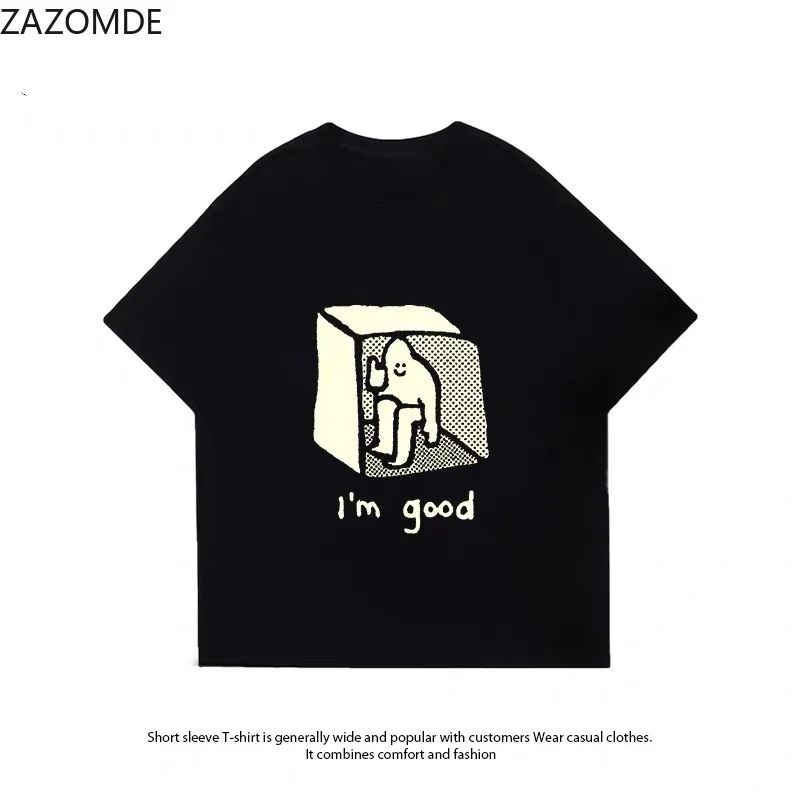 ZAZOMDE Minimalist Hand Drawn Box Figure I'm Good  Print T Shirt Unisex Loose Short Sleeve Cotton Basic Casual Aesthetic Top