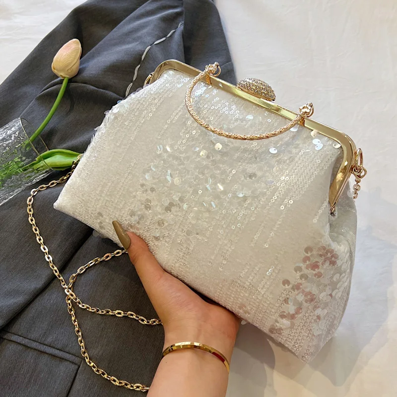 Designer Women Sequin Metal Handbag Chain Shoulder Bag Fashion Lady Party Clip Shell Coin Purse Designer Luxury Evening Clutch