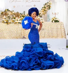 Royal Blue Mermaid Prom Dress With Glitter Sequins Lace Evening Party Gown Formal Black Girl Ruffles Birthday Robe De Soiree