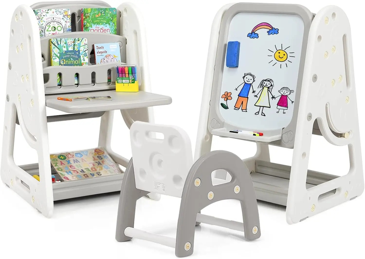 Kids Art Easel, 4-in-1 Standing Drawing Board with Chair, Eraser, Markers, Letter and Number Magnets Set, Double-Sided Art