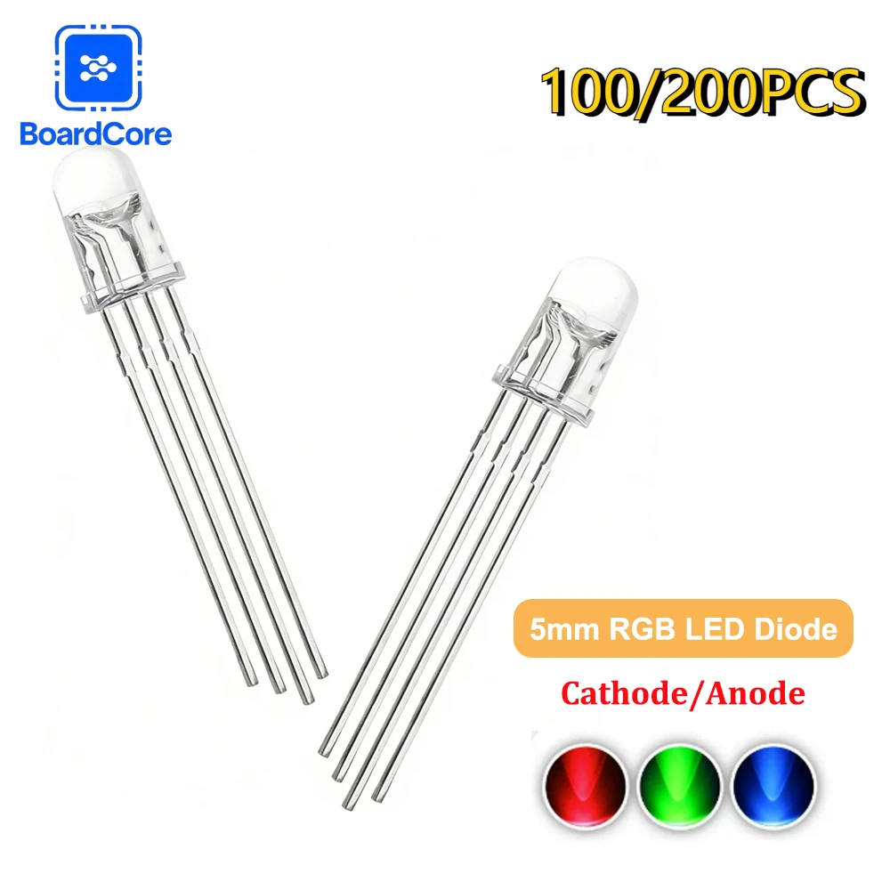 100/200PCS 5mm RGB LED Diode F5 Common Anode/Cathode Full-color Multicolor Kit, Water Clear Round Light for DIY Electronics