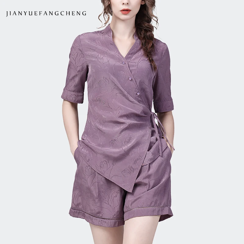 Women Summer 2 Pieces Set Light Purple Embroidered Satin Blouse + Shorts Elegant Casual Soft Lightweight Sleeping Outfits