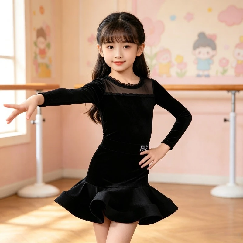 Kids Girls Velvet Latin Dance Dress Long Sleeve Bodysuit Skirt Set Practice Performance Dancewear Performance Accessories Zym