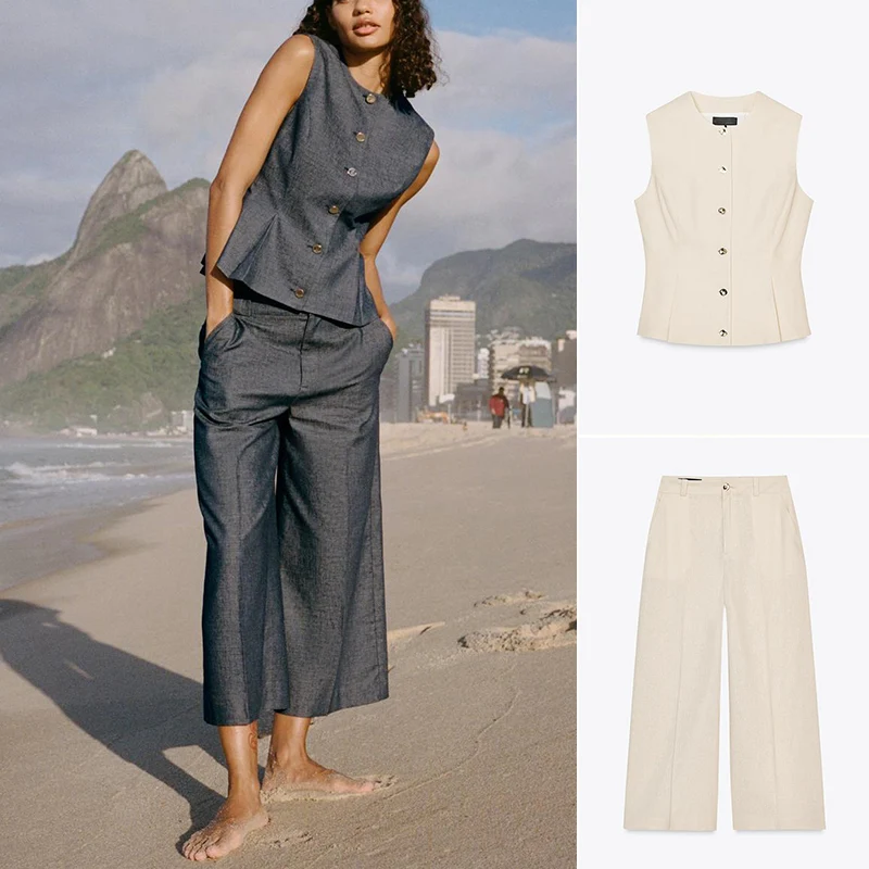

Casual round Neck Sleeveless Pleated Vest And High Waist Wide Leg Pants Two Piece Set Fashionable Summer Outfit for Women