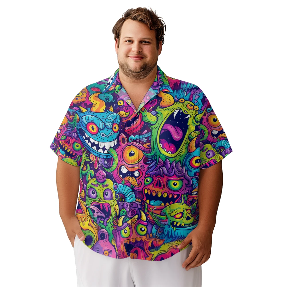 Men's Big and Tall Short Sleeve Golf Polo Button Down Shirts for Men Clothing Funny Cartoon Monster Print Big Size Polo T-shirts