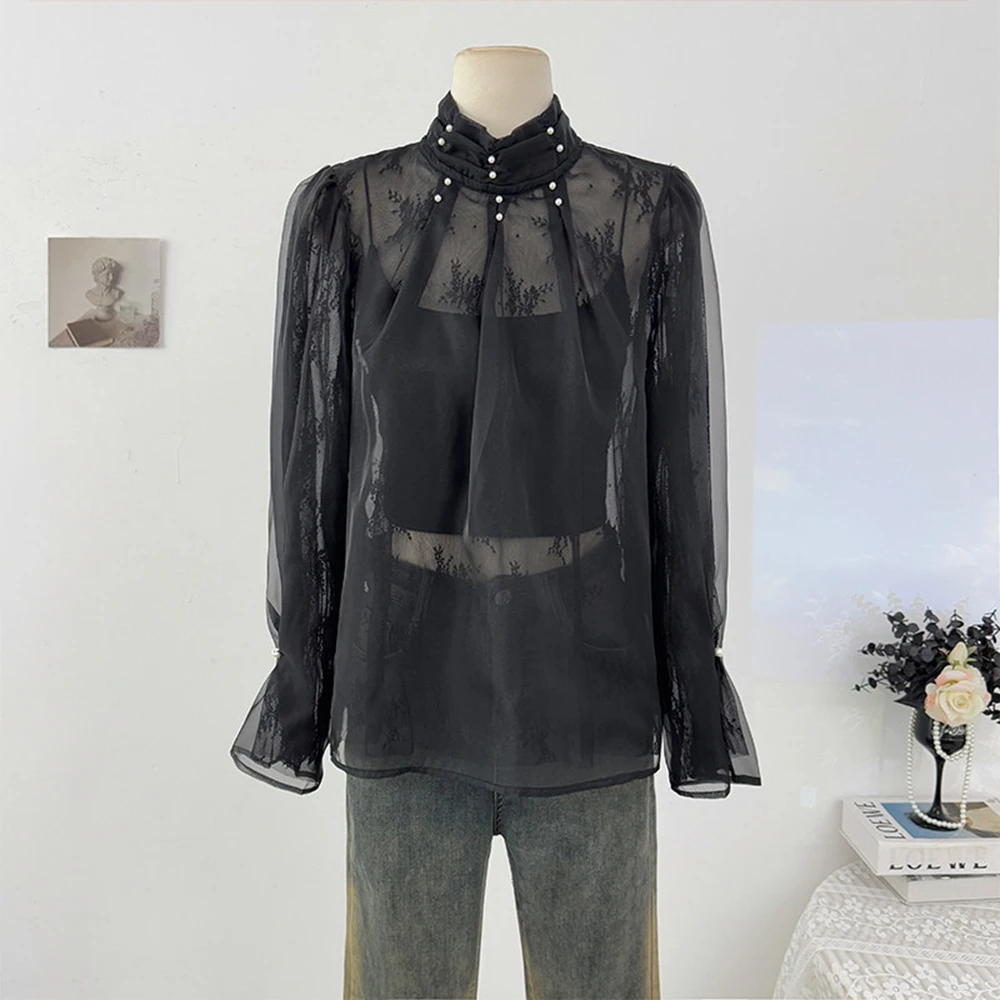 Beaded Hollow Out Lace Shirt Women's Spring 2026 Semi High Neck Long Sleeve Ladylike Lightweight Layered Sheer Top Casual Wear