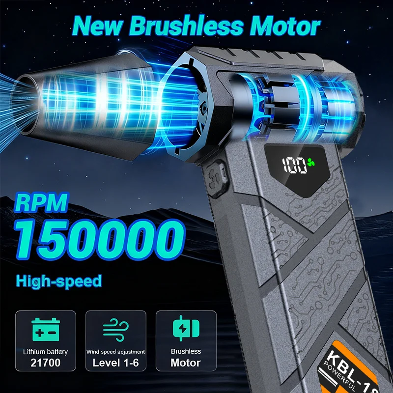 150000 RPM Powerful Turbo Fan, Brushless Motor Turbine Jet Blower, 5-Speed Adjustable High-Power Cordless Air Blaster with LED