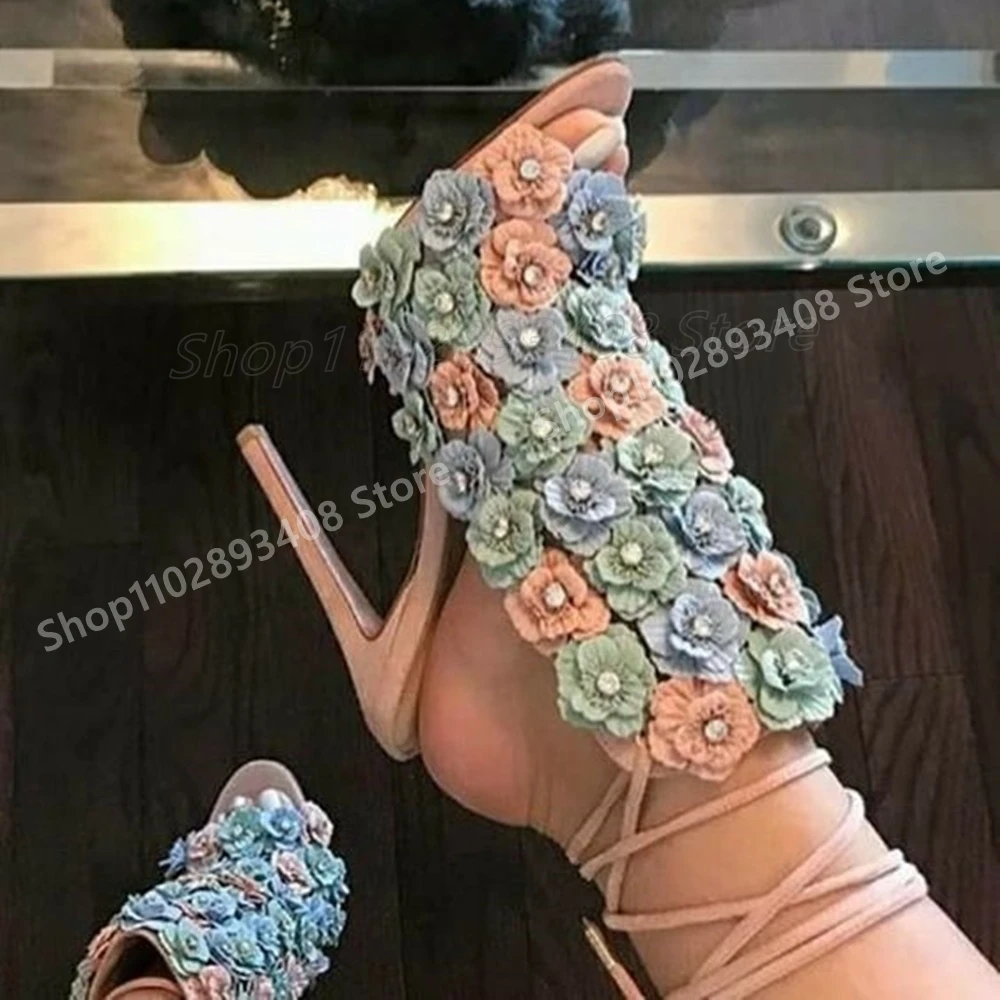 

Many Flowers Design Strappy Sandals Elegant Stiletto High Heel Lace-up Peep Toe Fashion Sexy Women Shoes 2025 Summer Para Mujere