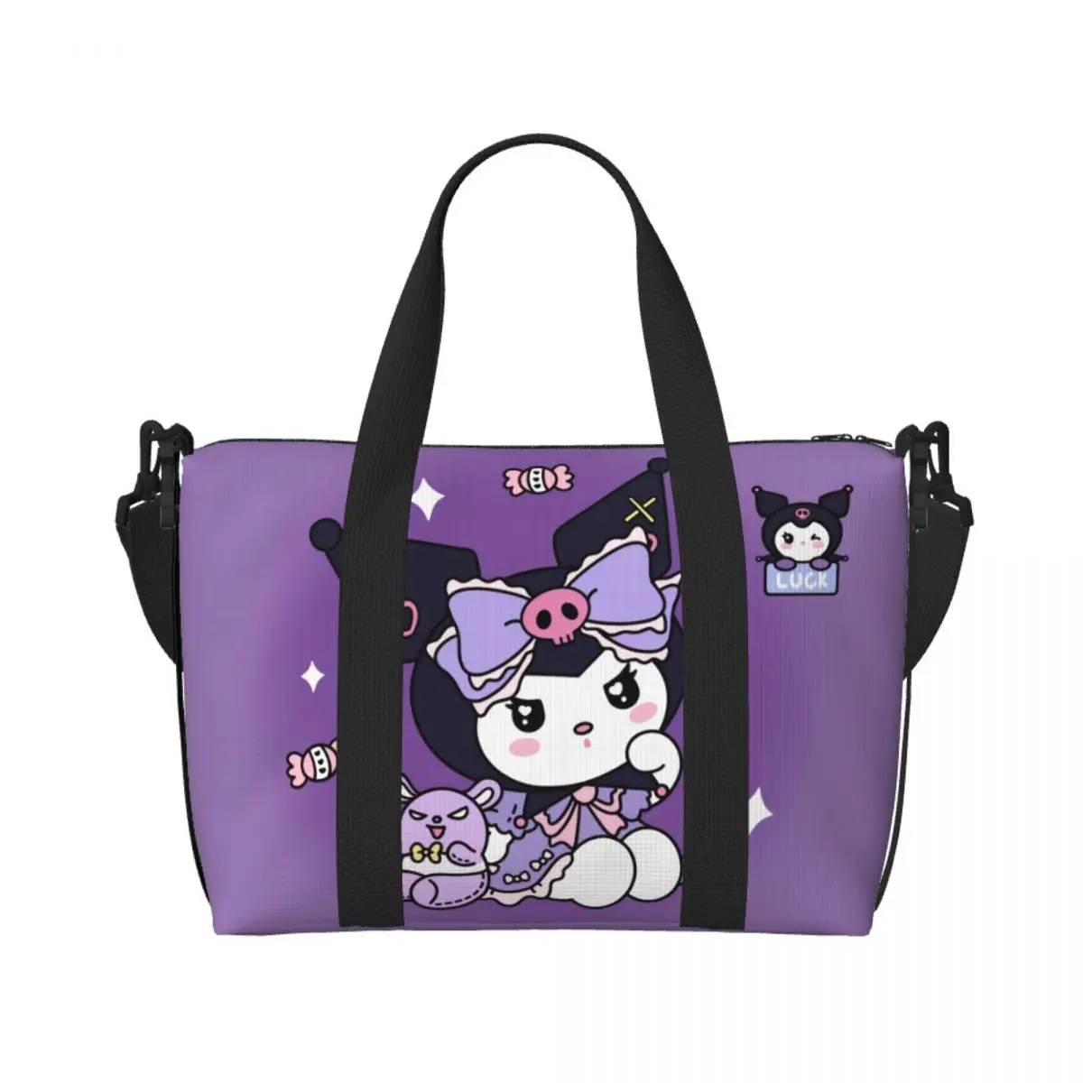 مخصص الكرتون Kuromi الجمجمة حمل حقيبة المرأة سعة كبيرة لطيف أرنب أنيمي رياضة الشاطئ الكتف حقيبة سفر