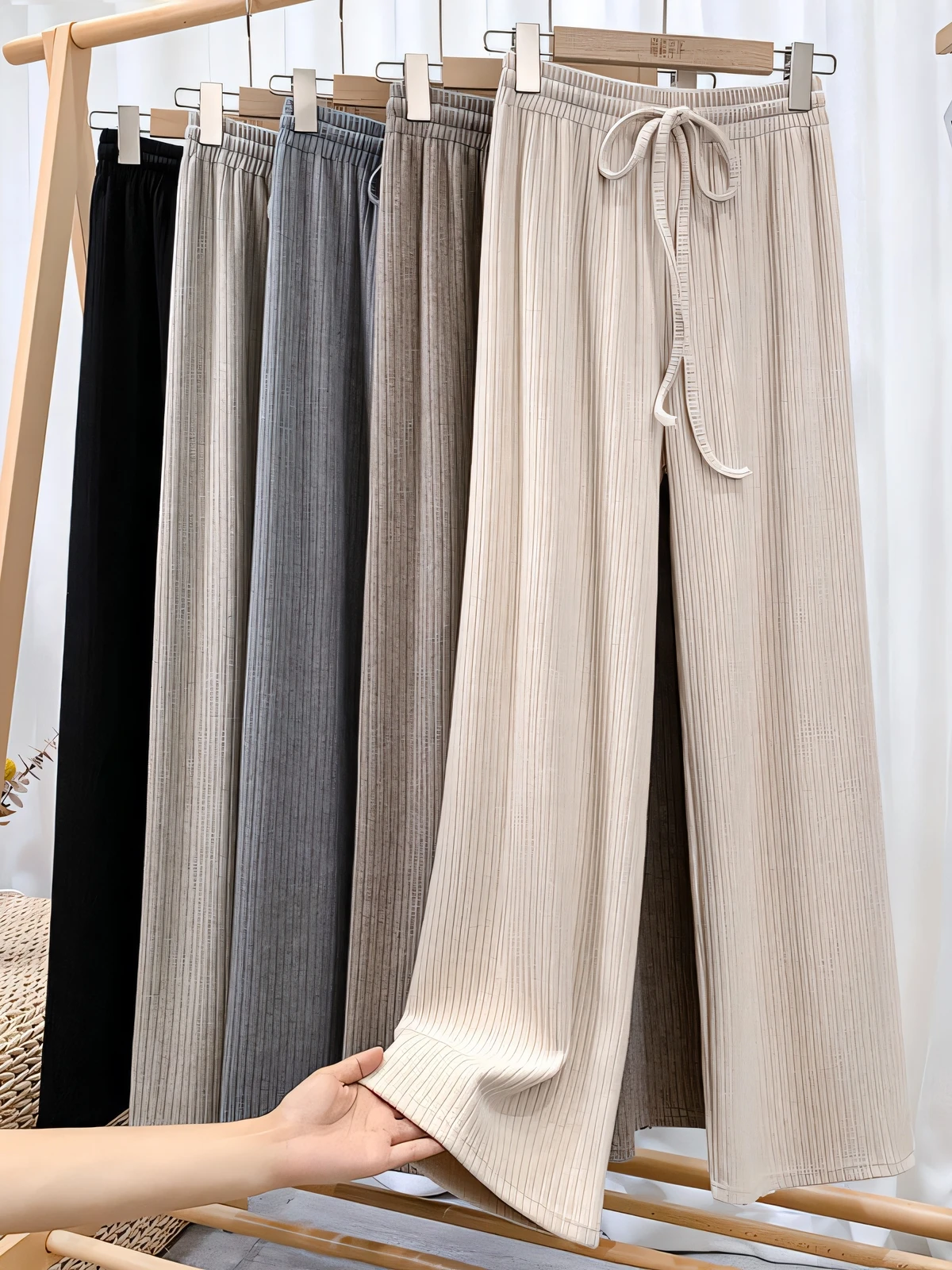 Women's High Waist Wide Leg Pants Fleece Lined Knitted Drapey Casual Long Trousers Spring Autumn Winter Loose Fit Drawstring