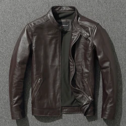 Top Layer Cowhide Jacket Fashion SlimFit Stand Collar Leisure Bomber Jacket 100% Genuine Leather Men's Vintage Short Zipper M