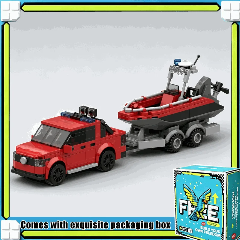 371PCS Rescue Pick Up Truck with Boat Trailer MOC Model Custom Building Blocks Bricks DIY Assembly Creative Child Gift for Boys