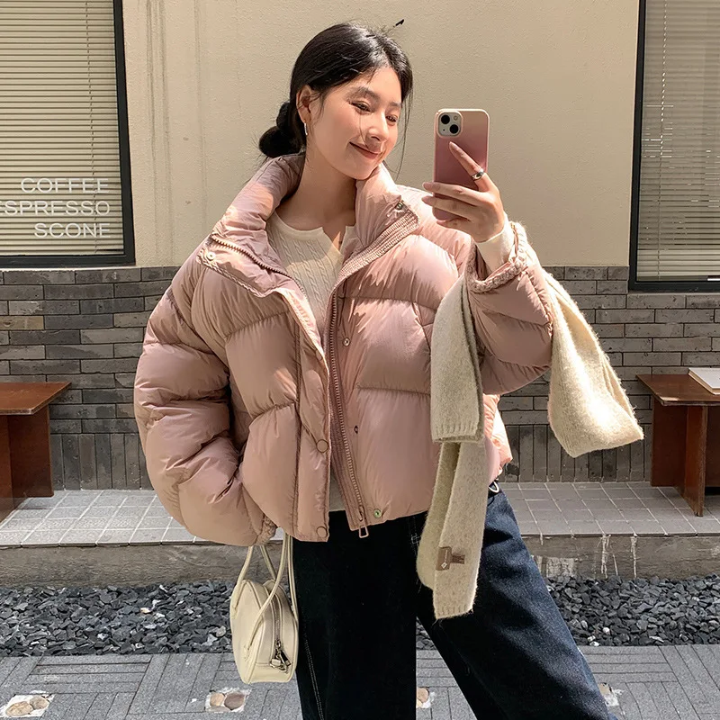 2025 kurzer Puffer mit 95 % weißer Entendaunen. Stehkragen, vielseitig und schick für den Winter.