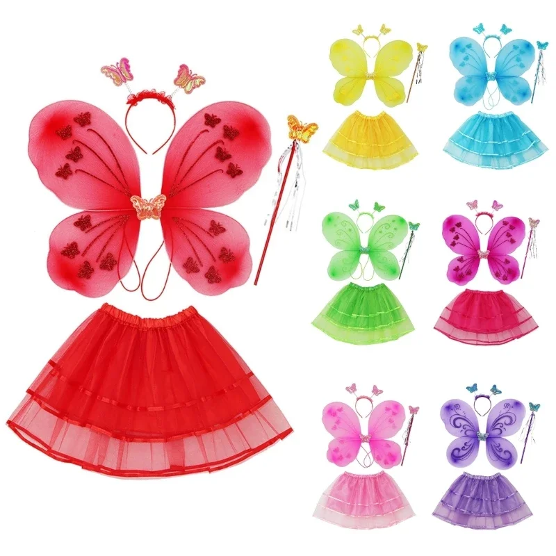 4Pcs/Set Kids Girls Princess Fairy Costumes Skirts Wings Fairy Wand Hair Accessories Party Stage Wear Props