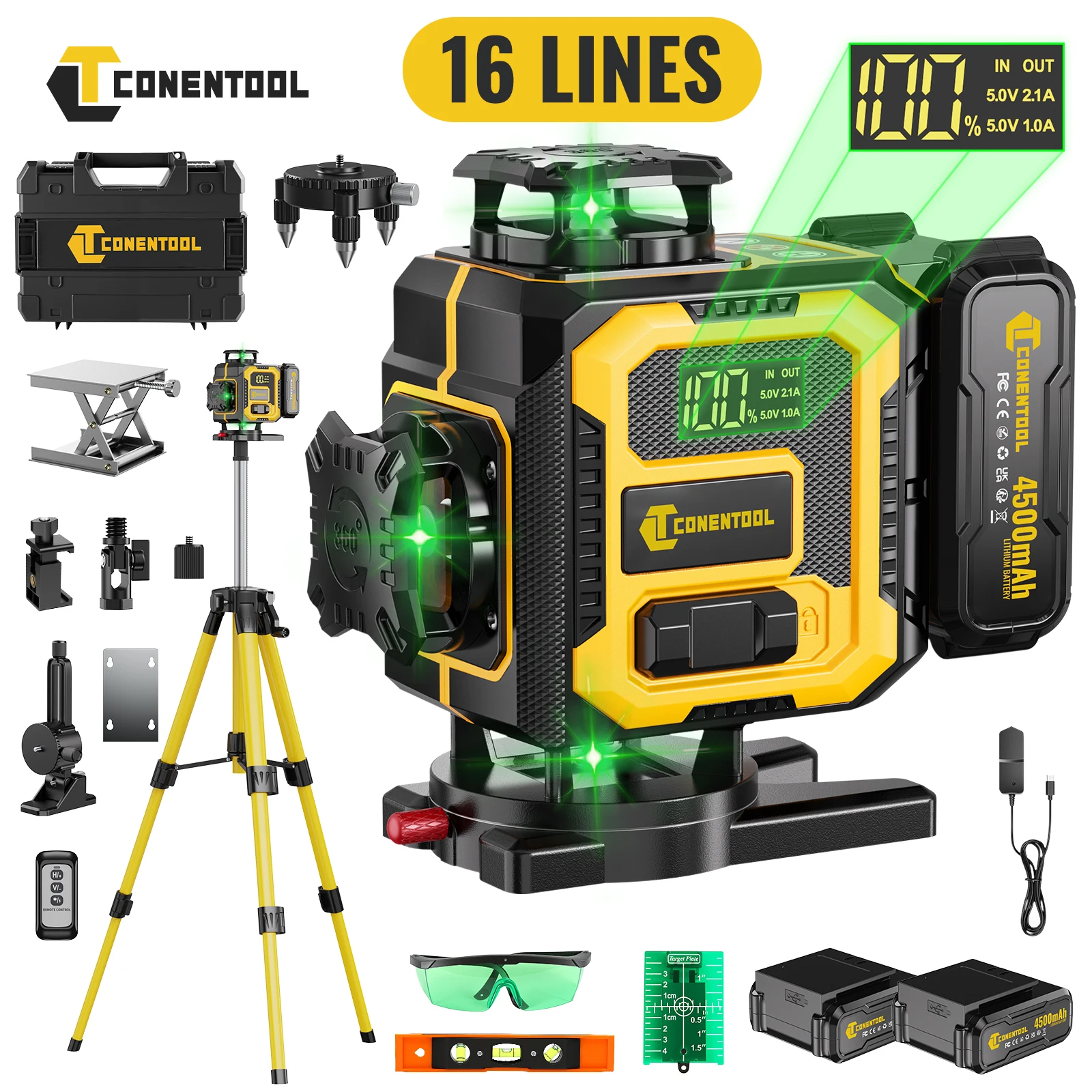 Image of CONENTOOL 4D 16 Linien Grüner Laser-Nivellierer 4×360 ° Selbstnivellierender Laser, ±1,5 mm/7 m Genauigkeit, 10–30 m Arbeitsbereich, Fernbedienung, 2 Stück 4500-mAh-Batterien, Schutzart IP54, für