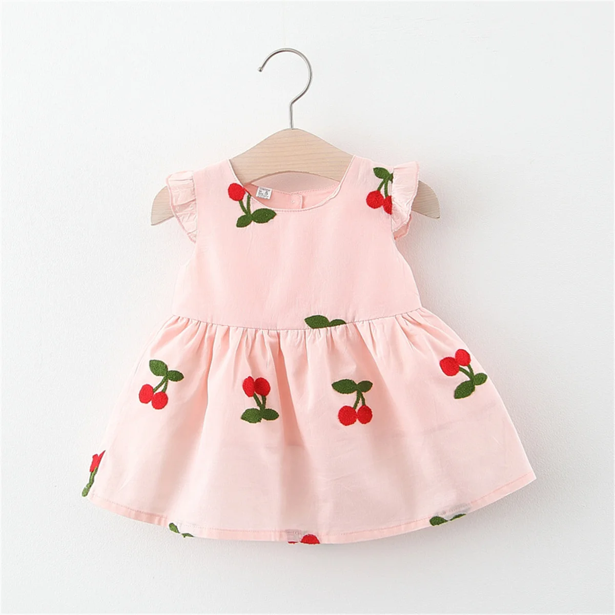 Summer Baby Girl\'s Dress Lovely Cherry Embroidery Small Flying Sleeves Knee-length Daily Solid Color Dress