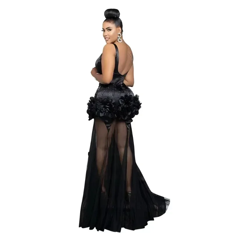 Diamonds 3D Flower Mesh See Through Women Sleeveless Bodycon Long Dress Birthday Party Evening Prom Maxi Mermaid Dresses