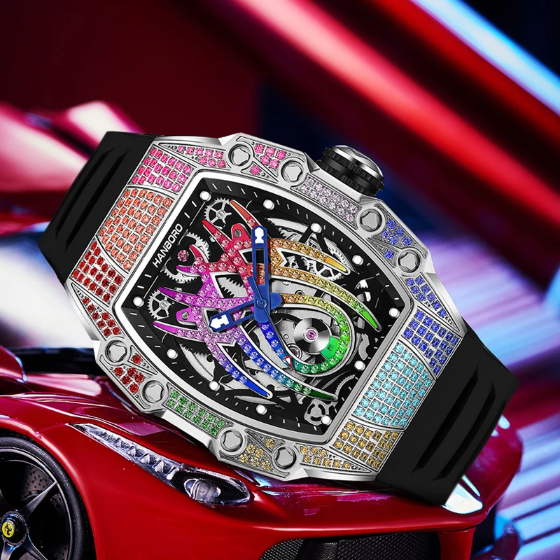 HANBORO Men Automatic Watch 50mm Tonneau Mechanical Wristwatch 50m Waterproof Skeleton Spider Crystal Dial & Bezel