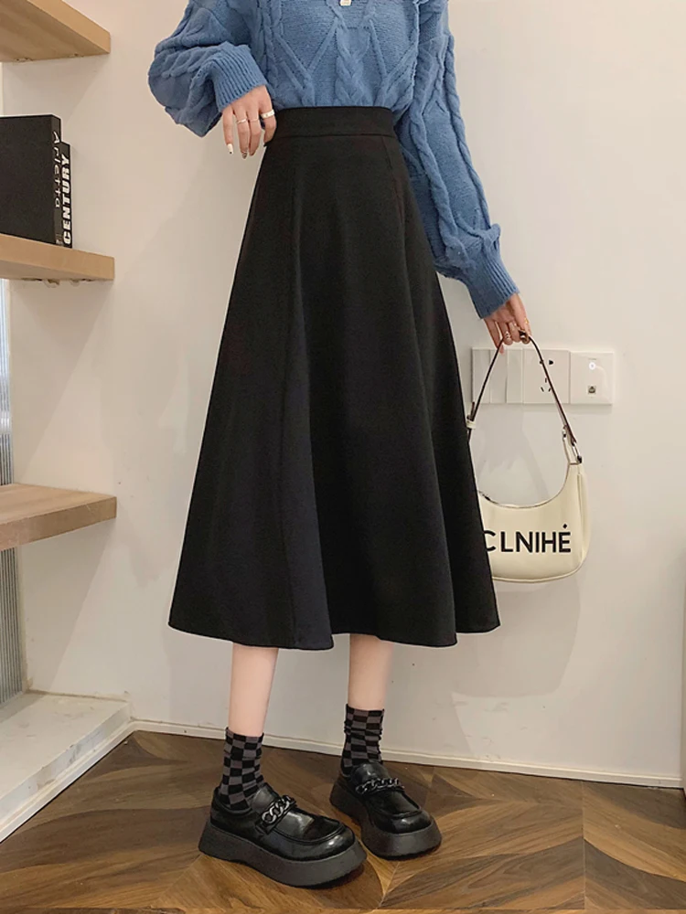 

Thick Wool Skirt Elegant Women Long Warm Winter A Line Elastic High Waisted Black Autumn Korean Style Faux Chic Free shipping