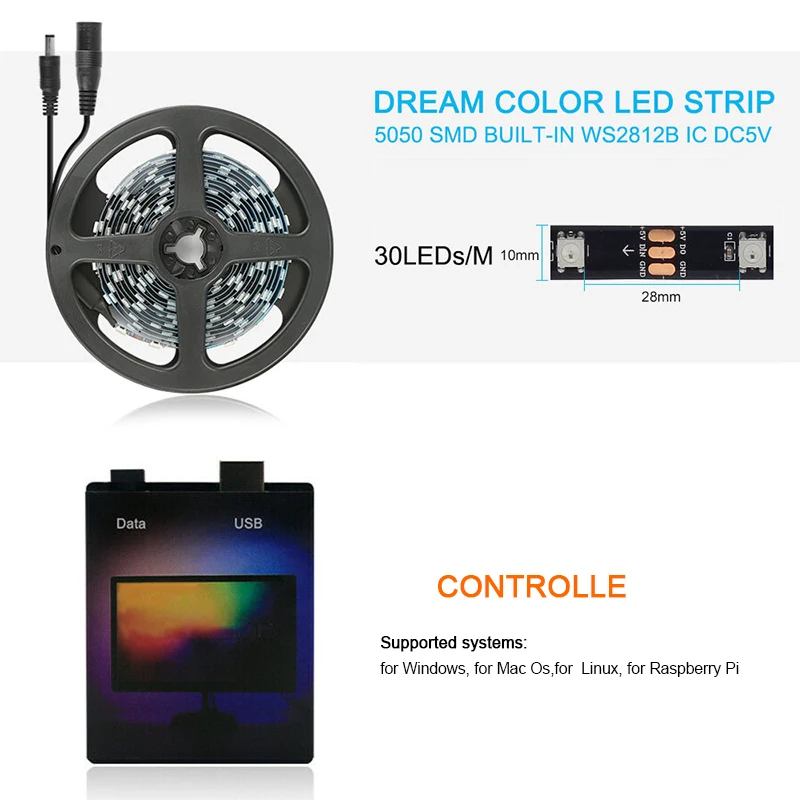 5V DIY Controller TV USB Tape HDTV Computer Monitor Backlight PC Dream Screen Color Light Box for 5050 Addressable LED Strip