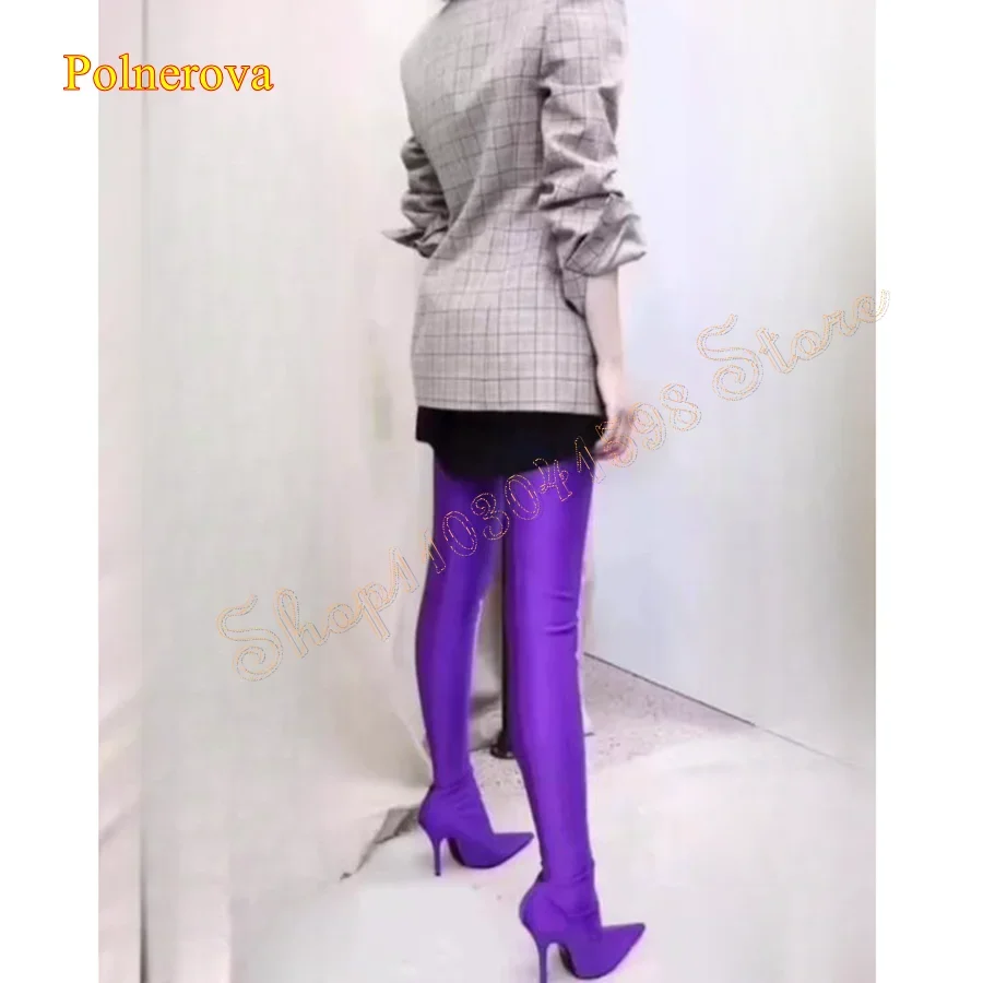 Purple Sexy Tight Elastic Boots for Women,Pointed Toe Stiletto Thigh Boots Fashion Bar Heel Boots 2023 New Zapatos Para Mujere