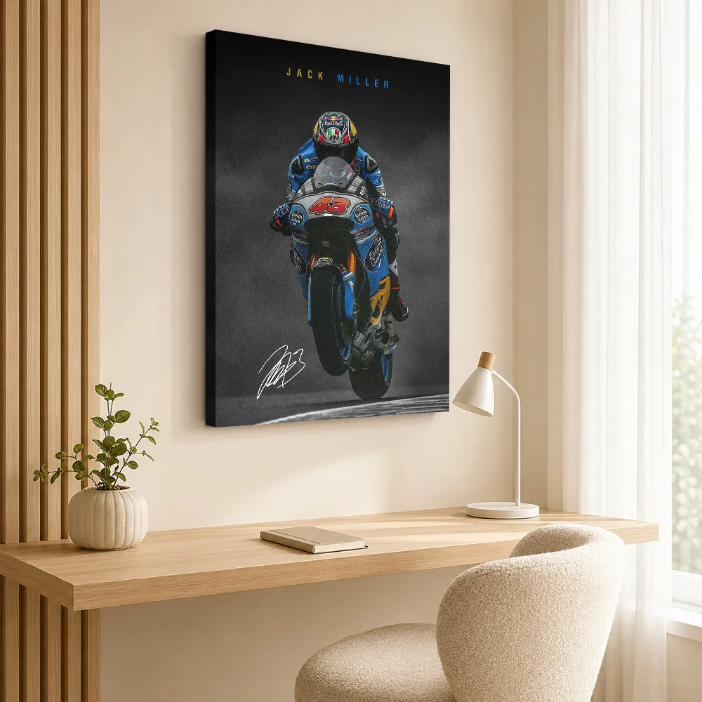 Jack Miller Motorcycle Racing Framed Canvas Poster Bold Action Design Wall Art With Customized Photo For Garage Ideal Rider Gift