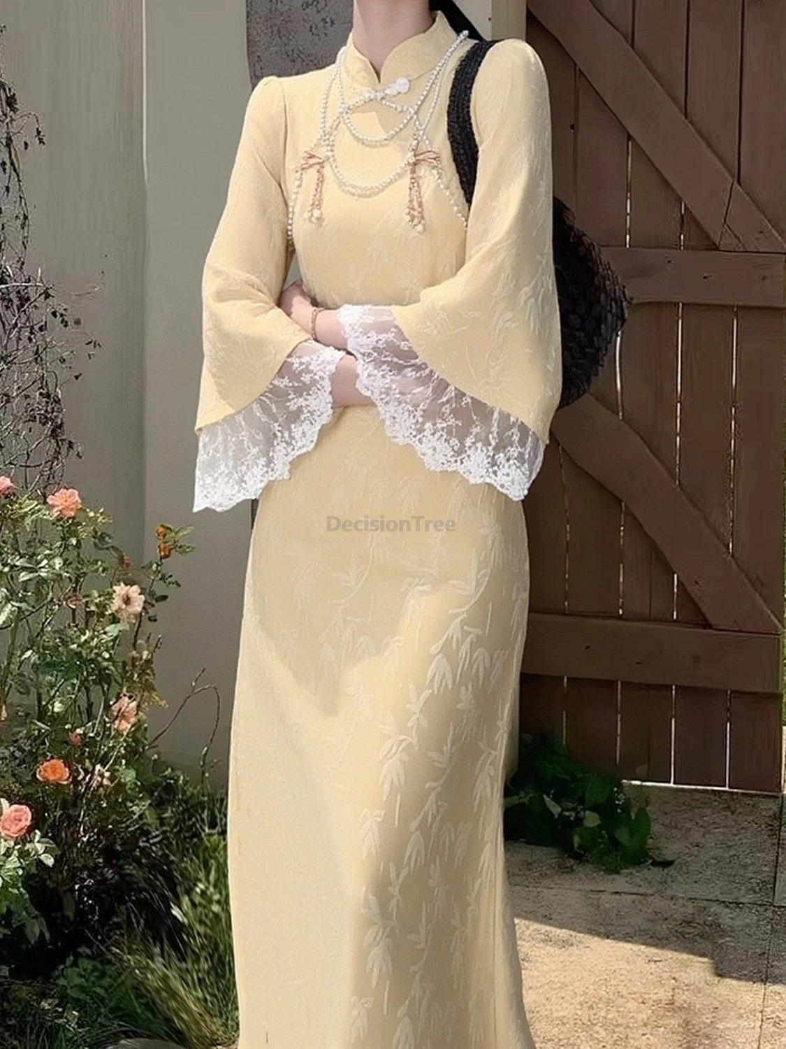 2025 الدانتيل الرومانسي المرقعة الأكمام تشيباو خمر أنيقة واسعة الأكمام الصينية شيونغسام المألوف الراقية مزاجه تشيباو #4