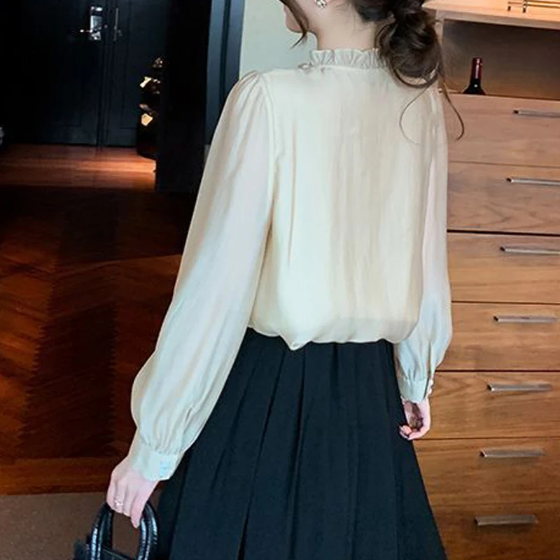 New Spring Autumn Women Ruffle Vintage Elegant Shirts Female Chic Stand Collar Blouses Solid Long Sleeve Slim Tops Ropa De Mujer