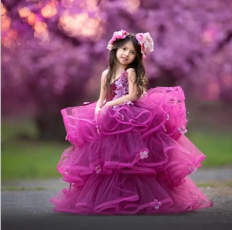 

Purple Flower Girl Dresses for Wedding Layered Floral Sleeveless Girl Kids Birthday Party First Holy Communion Gowns Customized