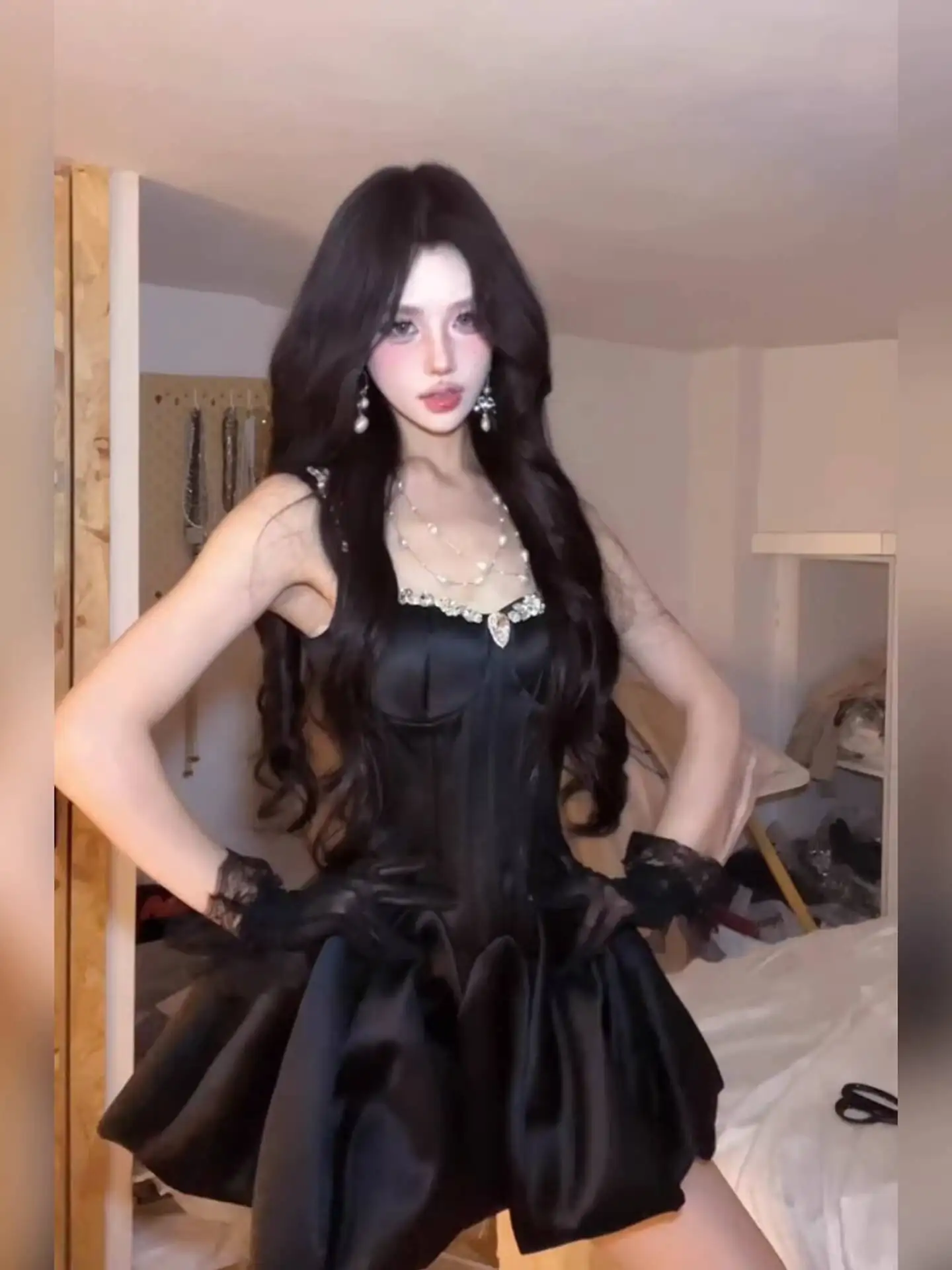 

Gothic Punk Dress Women's Black Rhinestone Spaghetti Strap Mini Dress For Early Spring Birthday Party Banquet Lolita Dress