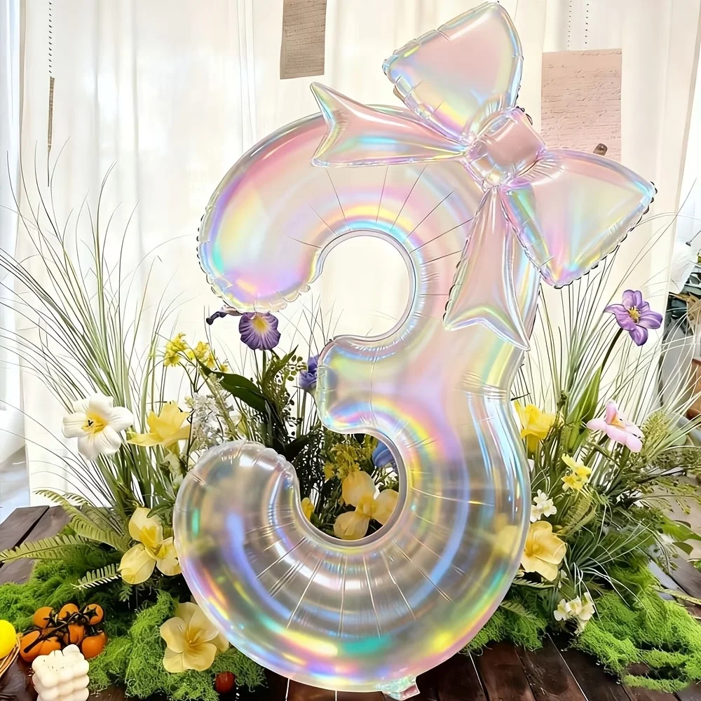 

40Inch Transparent Iridescent Number Balloon with 24inch Bowknot Balloon Kit for Kids Adults Birthday Party Decoration Favors
