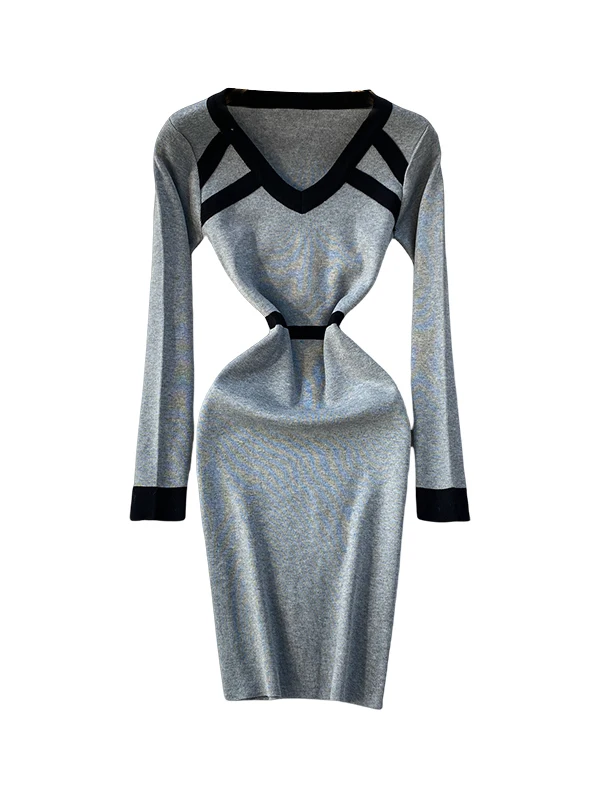 Coreano sle v-ne malha dr feminino outono inverno emagrecimento camada base envoltório em torno da saia cintura alta cor blo dr