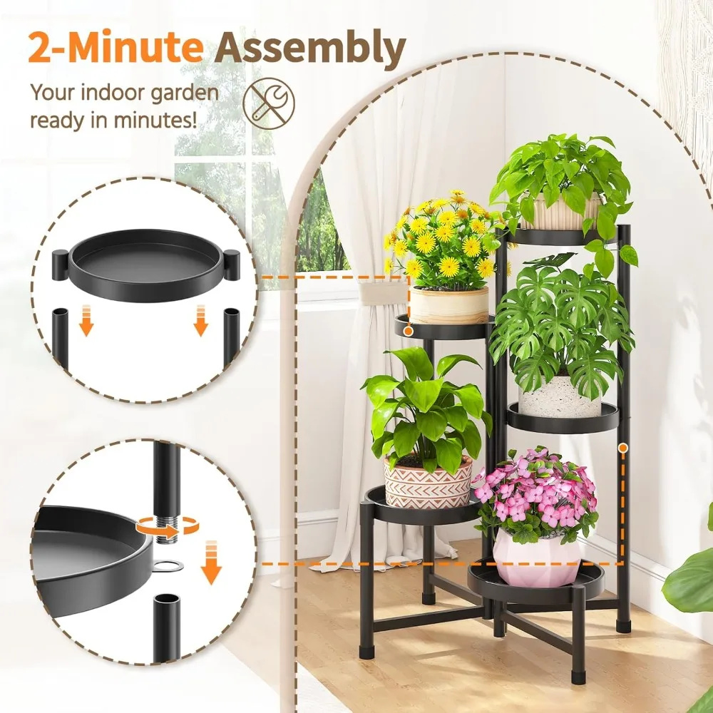 حامل نباتات معدني قابل للطي مكون من 5 طبقات للمزارعين الكبيرة في الأماكن المغلقة، رف زهور عالي التحمل قابل للتعديل للزوايا الضيقة، أسود #6