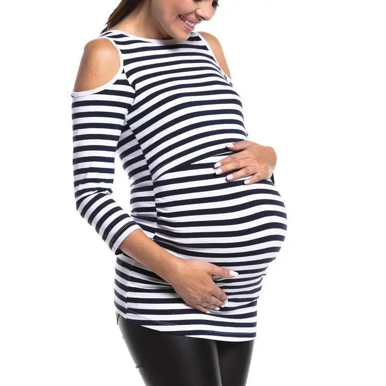 New Women\'s Striped Maternity Long Sleeve Solid Color Nursing Top T Shirt V Neck Fashion Casual Maternity Breastfeeding Top