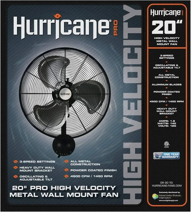 Furacão Pro-alta velocidade oscilante Metal Wall Mount Fan, fluxo de ar de 3 velocidades, inclinação ajustável para casa, ginásio, oficina, 20"