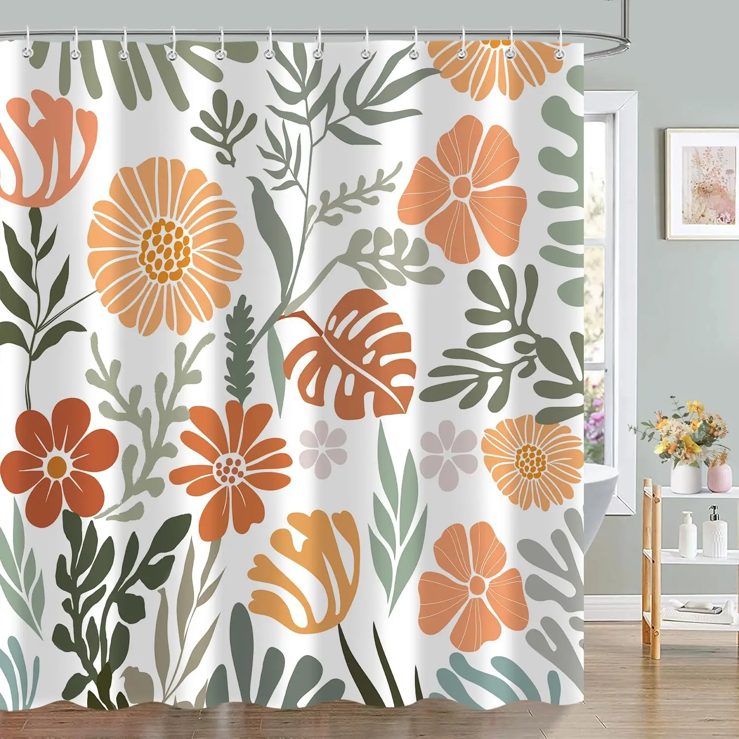 Green Orange Shower Curtain Waterproof Shower Curtains for Bathroom, Abstract Brown Botanical Leaves Boho Floral Bathroom Decor