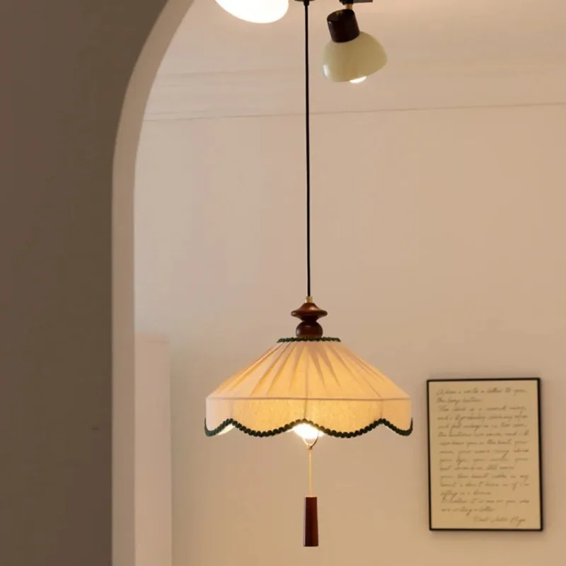 Vintage Adjustable Track Fabric Pendant Light for Dining Room Bedroom Study French Rustic Chic Lampshade Decorative Ceiling