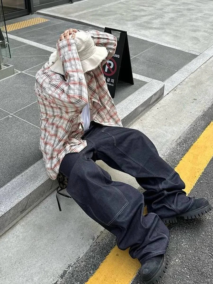 

American Retro Street Loose Original Dye Denim Straight Leg Jeans American Baggy Wide Leg Floor Length Pants Casual Cotton