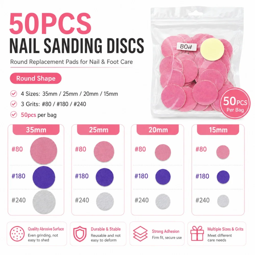 50Pcs Nail Drill Bit Sanding Discs for Pedicure Foot Care Coarse Medium Fine Thick Sanding Pads 15mm-35mm Replaceable