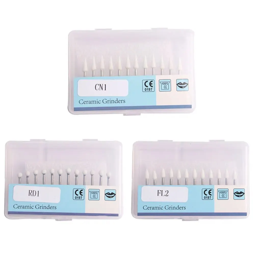 12pcs/Box Dental White Stone Polishing FG Burs Cone/Flame/Round Shape Abrasion Bur Fit For High Speed Handpiece 1.6mm