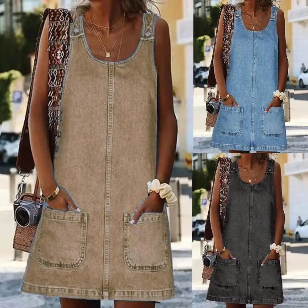 Fashion Faux Denim Dress Breathable Suspender Dress Skin-touch Pure Color Summer Faux Denim Dress  Wear Resistant