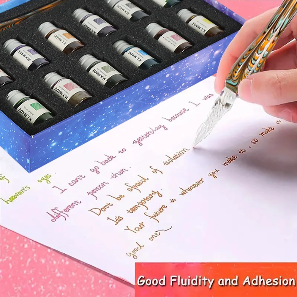 Vintage Starry Crystal Glass Dip Pen with 12 Colors Ink  Set Glass Dip Pen For Art Writing Painting Signature Decoration Gift