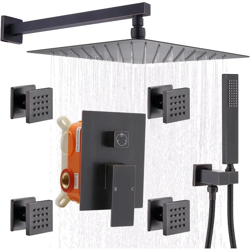12-Inch Stainless Steel Thermostatic Rain Shower Head System Jet Soft Spray Patterns Oil Rubbed Bronze Finish Wall-Mounted