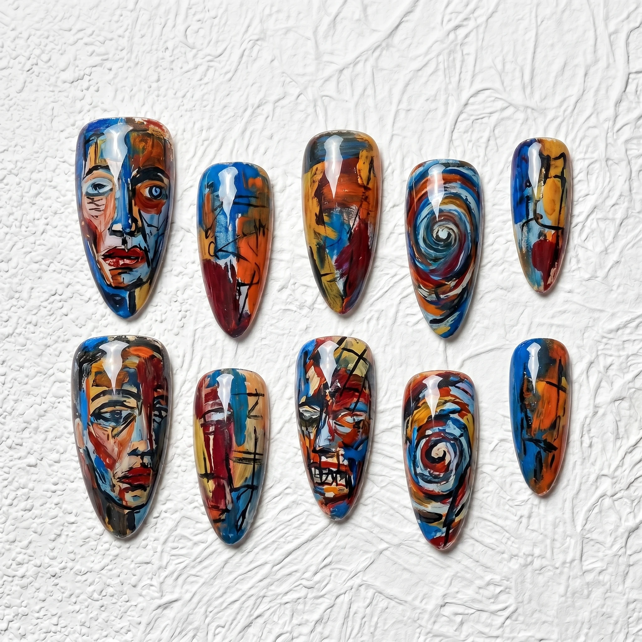 Artisan Handcrafted 10PCS Stiletto Abstract Painted Face Nails | Glazed Swirls, Vibrant Colors, Party Wear Artistic Style