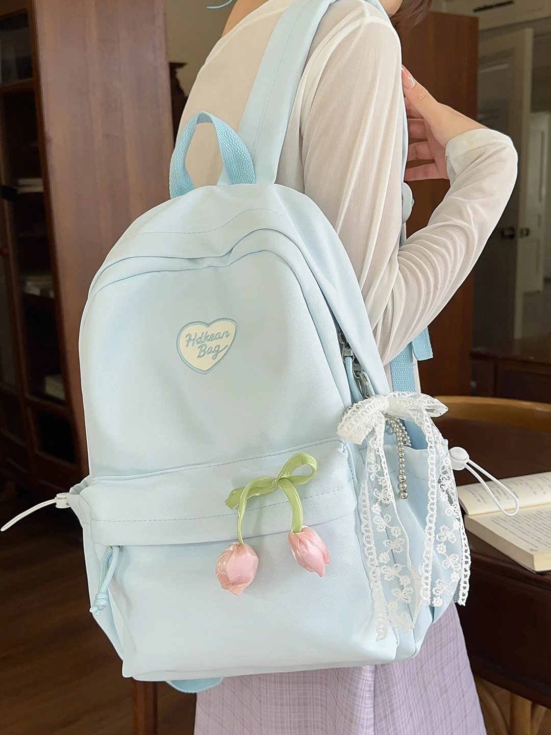 カンガルー-ユース-バックパック-女の子用-中学生-3～6年生用-チューリップブルー-バックパック-二層構造-ナイロン製内側素材
