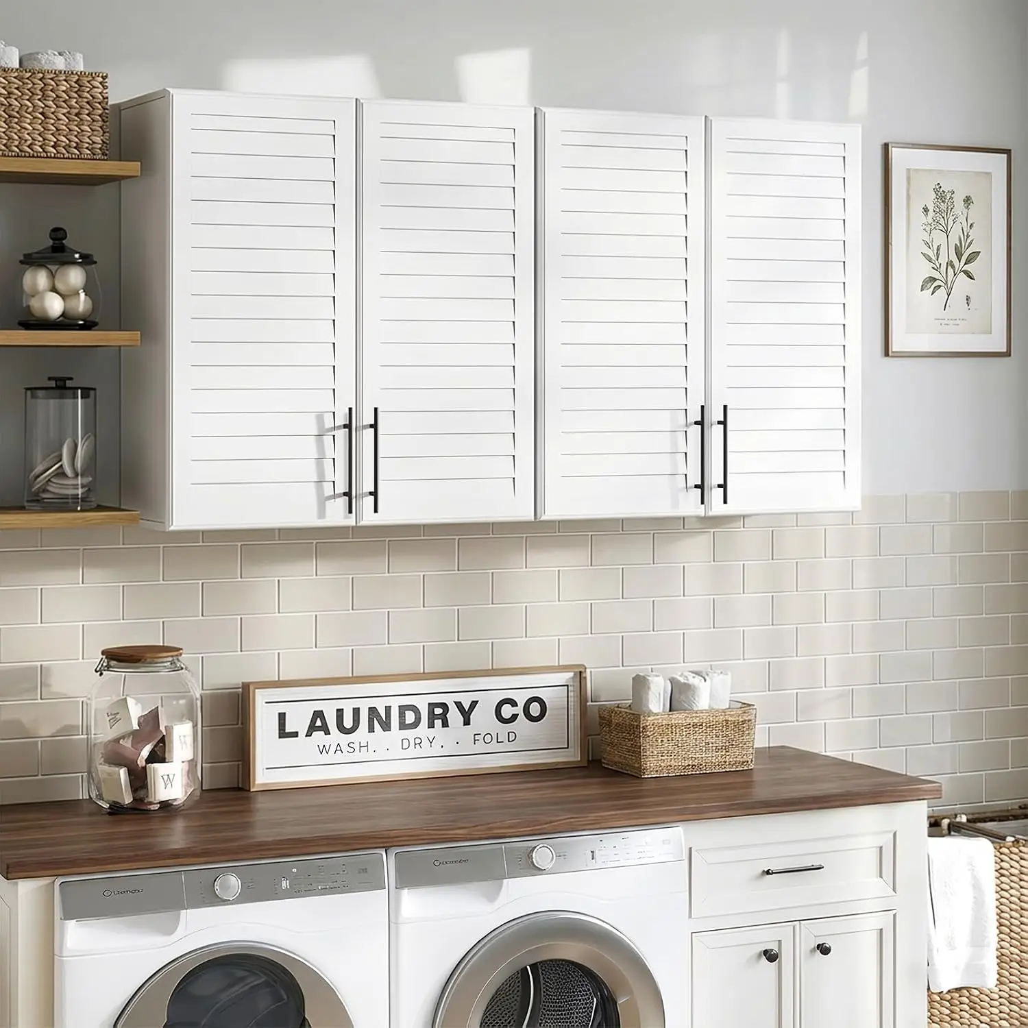 Laundry Wall Cabinet with Shutter Doors & Adjustable Shelf, Wall Storage for Laundry Room Bathroom Kitchen, 60