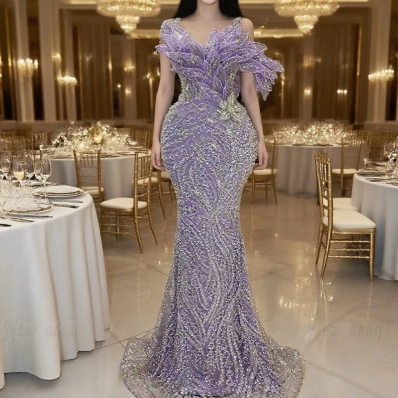 

Luxury Prom Dresses Mermaid 3D Appliques Beads Crystals Sequins Tulle Lace Sleeves Sweep Train Custom Made Party Evening Dress