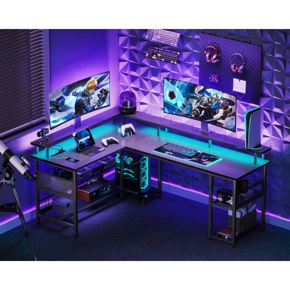 

66" L Shaped Gaming Desk with Power Outlet and LED Lights, PC Gaming Table with Carbon Fiber Texture, Reversible L Shape Des
