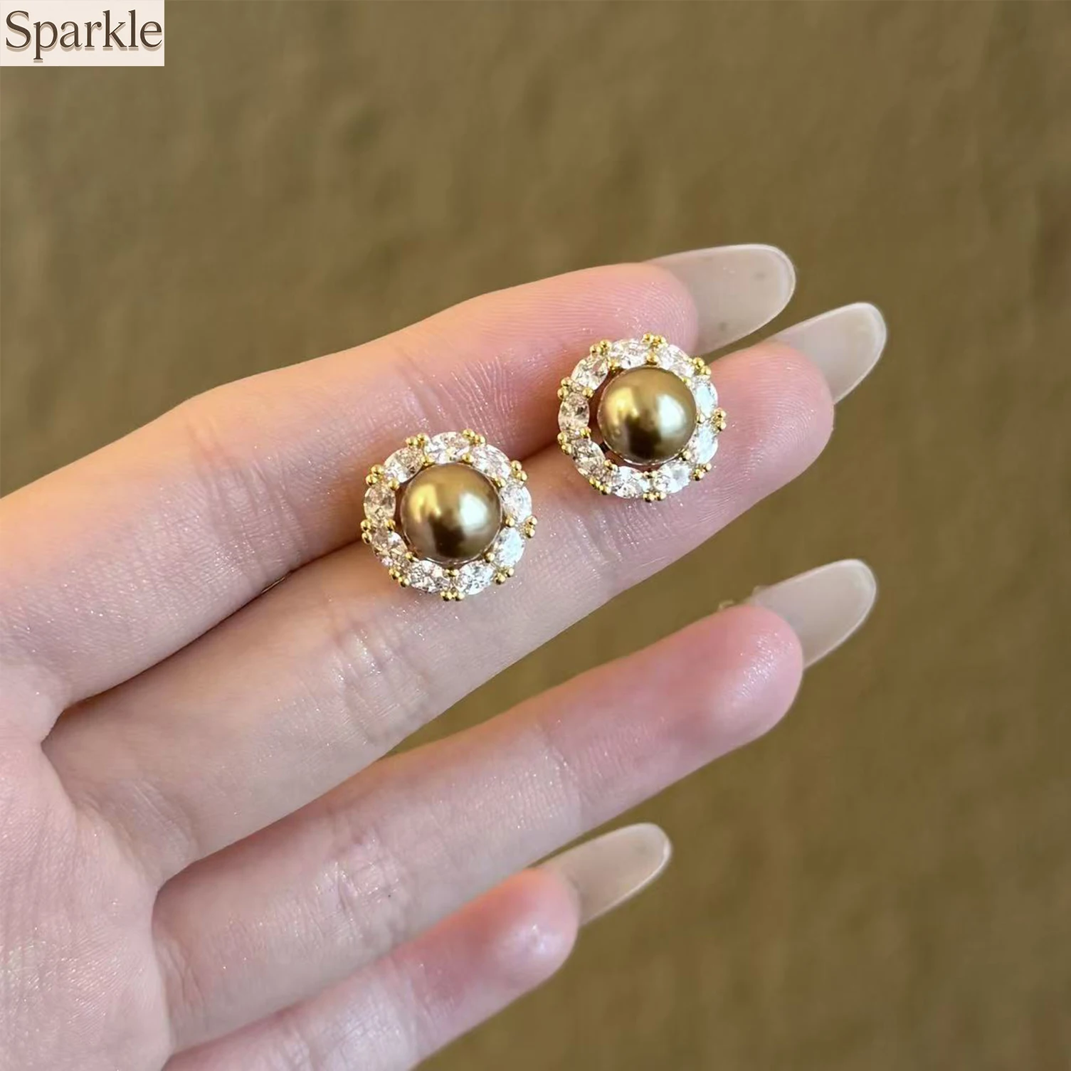 Caramel Color Pearl Zircon Earrings Retro Elegant High-End Accessory for Women Fashionable Autumn Winter Versatile Jewelry